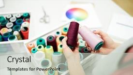  Presentation with sewing process close up - Slides with desk in atelier and matching background and a soft green colored foreground