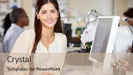  Presentation with creative production - Audience pleasing PPT theme consisting of desk in busy creative office backdrop and a soft green colored foreground