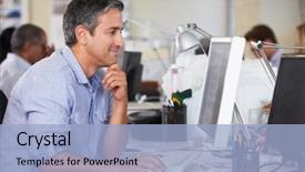  Presentation with creative - PPT theme featuring desk in busy creative office background and a light blue colored foreground