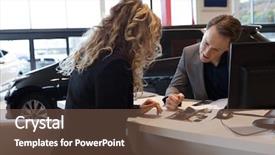  Presentation with salesman - Cool new slides with desk in car showroom backdrop and a tawny brown colored foreground