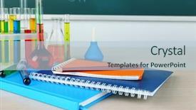  Presentation with test tubes - PPT theme having teaching materials - desk in chemistry class background and a light blue colored foreground