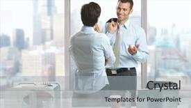  Presentation with octagon two mma fighters standing - Presentation enhanced with desk in downtown office building background and a light gray colored foreground