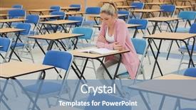  Presentation with exam - Audience pleasing presentation theme consisting of desk in empty exam backdrop and a teal colored foreground
