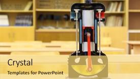  Presentation with combustion engine - Audience pleasing PPT theme consisting of desk in empty physics backdrop and a yellow colored foreground