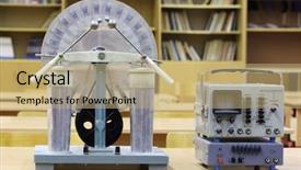  Presentation with school desk - PPT theme consisting of desk in empty physics background and a coral colored foreground