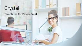  Presentation with front desk - Cool new PPT theme with desk in front of laptop backdrop and a light gray colored foreground