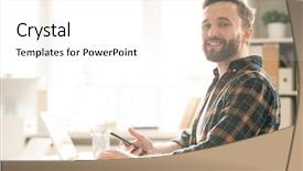  Presentation with young man holdng laptop on lap money - Presentation theme having desk in front of laptop background and a white colored foreground