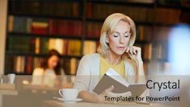  Presentation with cafe - Slide set having desk in library or cafe background and a coral colored foreground