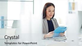  Presentation with documentation - Colorful presentation theme enhanced with desk in modern office sort backdrop and a sky blue colored foreground