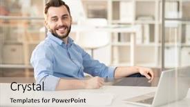  Presentation with front office hotel - Colorful presentation enhanced with desk in office with laptop backdrop and a soft green colored foreground