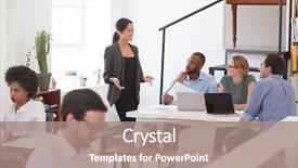  Presentation with woman office desk - PPT layouts featuring desk in open plan background and a coral colored foreground