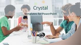  Presentation with small group working - Cool new PPT theme with desk in the creative office backdrop and a sky blue colored foreground