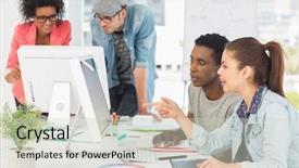  Presentation with small group working - Theme enhanced with desk in the creative office background and a soft green colored foreground