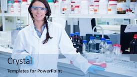  Presentation with chemist - Beautiful presentation design featuring desk in the laboratory backdrop and a light blue colored foreground