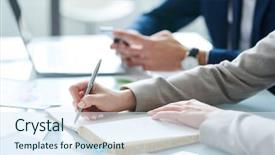  Presentation with organization - Beautiful slide deck featuring desk in working environment backdrop and a sky blue colored foreground