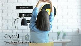  Presentation with woman office desk - Presentation theme with desk lamp - woman stretching after working day background and a light blue colored foreground