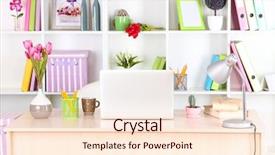  Presentation with workplace - Slide set enhanced with painted blue text data exchange background and a white colored foreground