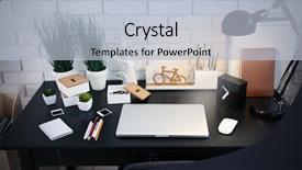  Presentation with workplace - Amazing slides having desk lamp - workplace with laptop on table backdrop and a light blue colored foreground