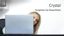  Presentation with woman office desk - PPT theme enhanced with desk lap - business woman over hearing some background and a white colored foreground