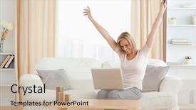  Presentation with social isolation - PPT layouts with desk lap - cheerful woman shopping on line background and a  colored foreground