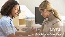  Presentation with daughter mother - Slide set with desk lap - mother comforting daughter having injection background and a coral colored foreground