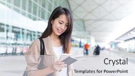  Presentation with hong kong airport - Theme with desk lap - woman looking at cellphone background and a light gray colored foreground