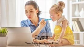  Presentation with working mother - Amazing slides having desk lap - young mother with toddler child backdrop and a coral colored foreground