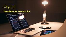  Presentation with stock share - Beautiful PPT layouts featuring desk-of-share-trader backdrop and a tawny brown colored foreground