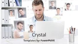  Presentation with company profile - Slide deck having desk on laptop against profile background and a light gray colored foreground