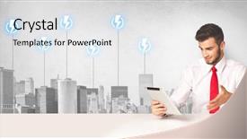  Presentation with management energy - Colorful PPT theme enhanced with desk presenting the city energy backdrop and a sky blue colored foreground