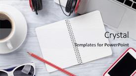  Presentation with wooden desk cup - Slide deck having desk table with laptop coffee cup and notepad on wooden table workplace top view with copy space background and a light gray colored foreground