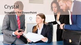  Presentation with team work and productivity - PPT theme with desk to discuss the status background and a lemonade colored foreground