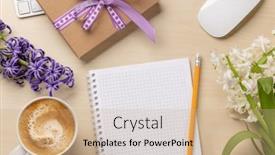  Presentation with notepad - PPT theme with desk-with-a-gift-flowers background and a  colored foreground