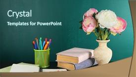  Presentation with books flowers - Amazing PPT layouts having desk with books and flower backdrop and a ocean colored foreground