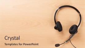  Presentation with call center - Amazing PPT layouts having desk with headset call center backdrop and a  colored foreground