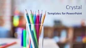 Presentation with colored pencils - Slide set enhanced with desk with lots of colored pencils and pen to draw at kindergarten background and a sky blue colored foreground