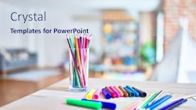  Presentation with colored pencils - Cool new slide set with desk with lots of colored pencils and pen to draw at kindergarten backdrop and a sky blue colored foreground