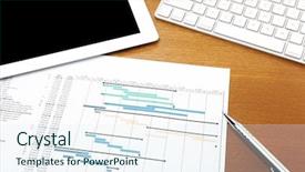  Presentation with project - Audience pleasing PPT layouts consisting of desk with project gantt chart backdrop and a sky blue colored foreground