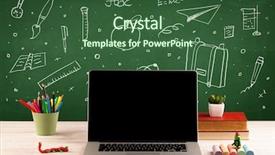  Presentation with teachers apple - Amazing PPT layouts having teachers apple - wooden school desk with stuff backdrop and a ocean colored foreground