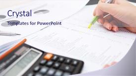  Presentation with accounting - PPT layouts having desk woman with accounting records background and a sky blue colored foreground
