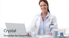  Presentation with trainee nurse sitting by female - PPT theme with desk working with laptop computer background and a  colored foreground