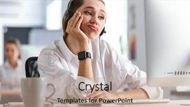  Presentation with microphone - Slides having deskmicrophone - bored young woman wearing microphone background and a coral colored foreground