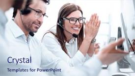  Presentation with call center software - Amazing PPT theme having deskmicrophone - happy call center employees sitting backdrop and a sky blue colored foreground
