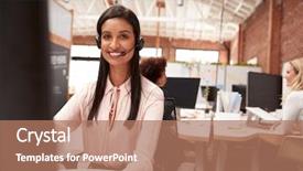  Presentation with customer service and professionalism - Presentation design featuring deskmicrophone - portrait of female customer services background and a  colored foreground