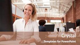  Presentation with call center - Beautiful presentation design featuring deskmicrophone - portrait of female customer services backdrop and a coral colored foreground
