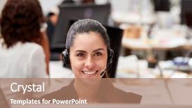  Presentation with hospital customer service - Cool new PPT theme with deskmicrophone - portrait of female customer services backdrop and a coral colored foreground