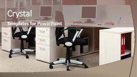  Presentation with modern reflective office buildings - PPT theme consisting of desks in a modern office background and a violet colored foreground