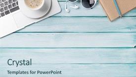  Presentation with workplace - Presentation theme with desktop - desk table with laptop coffee background and a sky blue colored foreground