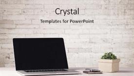  Presentation with white brick wall - Slide set with desktop - open laptop on an office background and a lemonade colored foreground