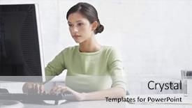  Presentation with desk - Cool new theme with desktop - young businesswoman using computer backdrop and a light gray colored foreground